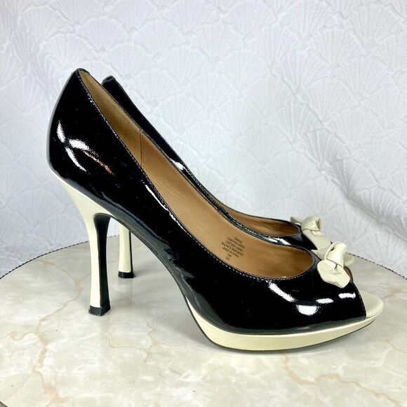 Isaac Mizrahi Peep-Toe High Heel Pumps Patent Leather Colorblock Pattern Dressy - Picture 1 of 13